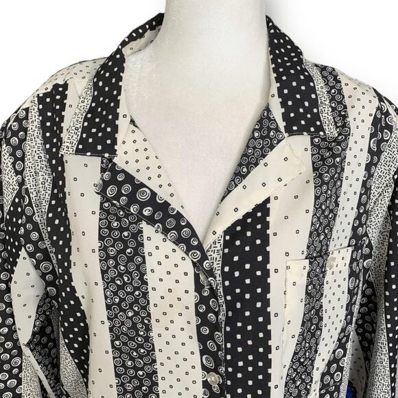 Vintage 90s Blouse Black White Semi Sheer Abstract Geometric Stripe Shirt 14 - Picture 3 of 11